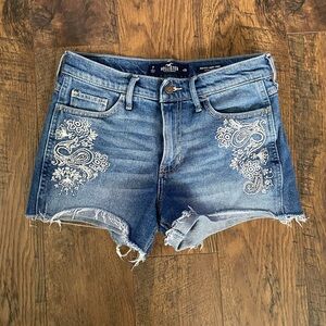Hollister Women's Distressed Blue Jean Shorts with White Embroidery